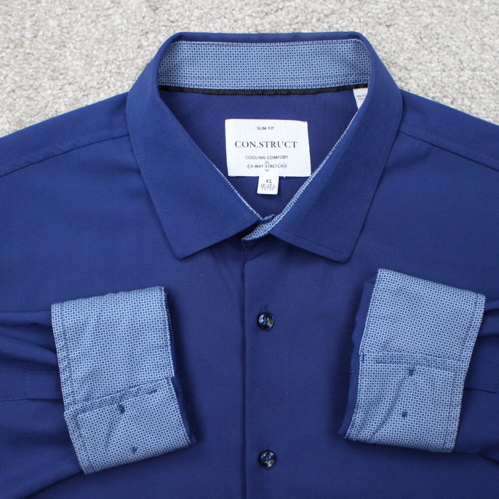 Construct Shirt Mens XL, 17-17 1/2, 34/35 Blue Slim Fit‎ 4 Way Stretch Flip Cuff